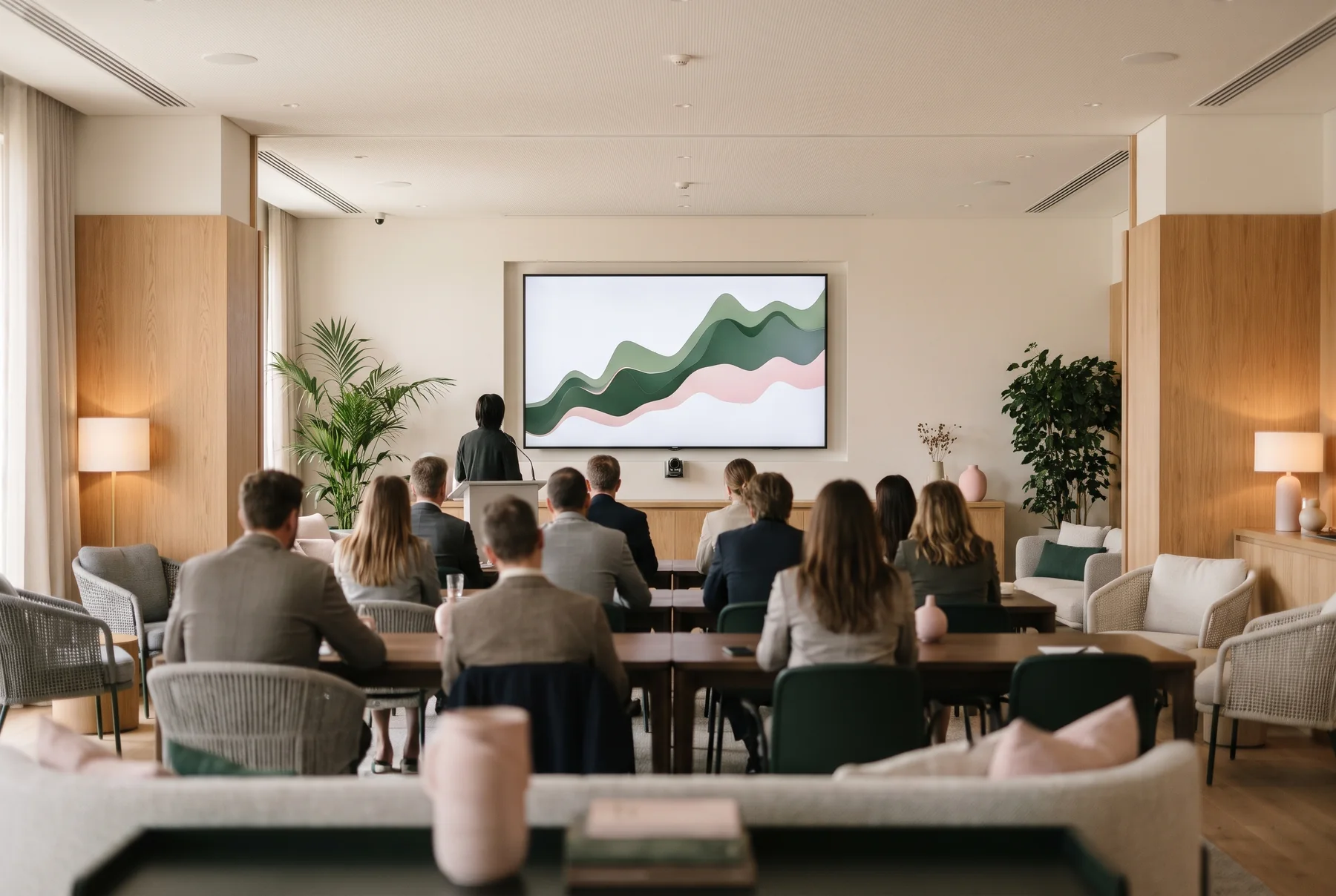 Expertenmeeting in einem hellen Konferenzraum, Teilnehmende von hinten